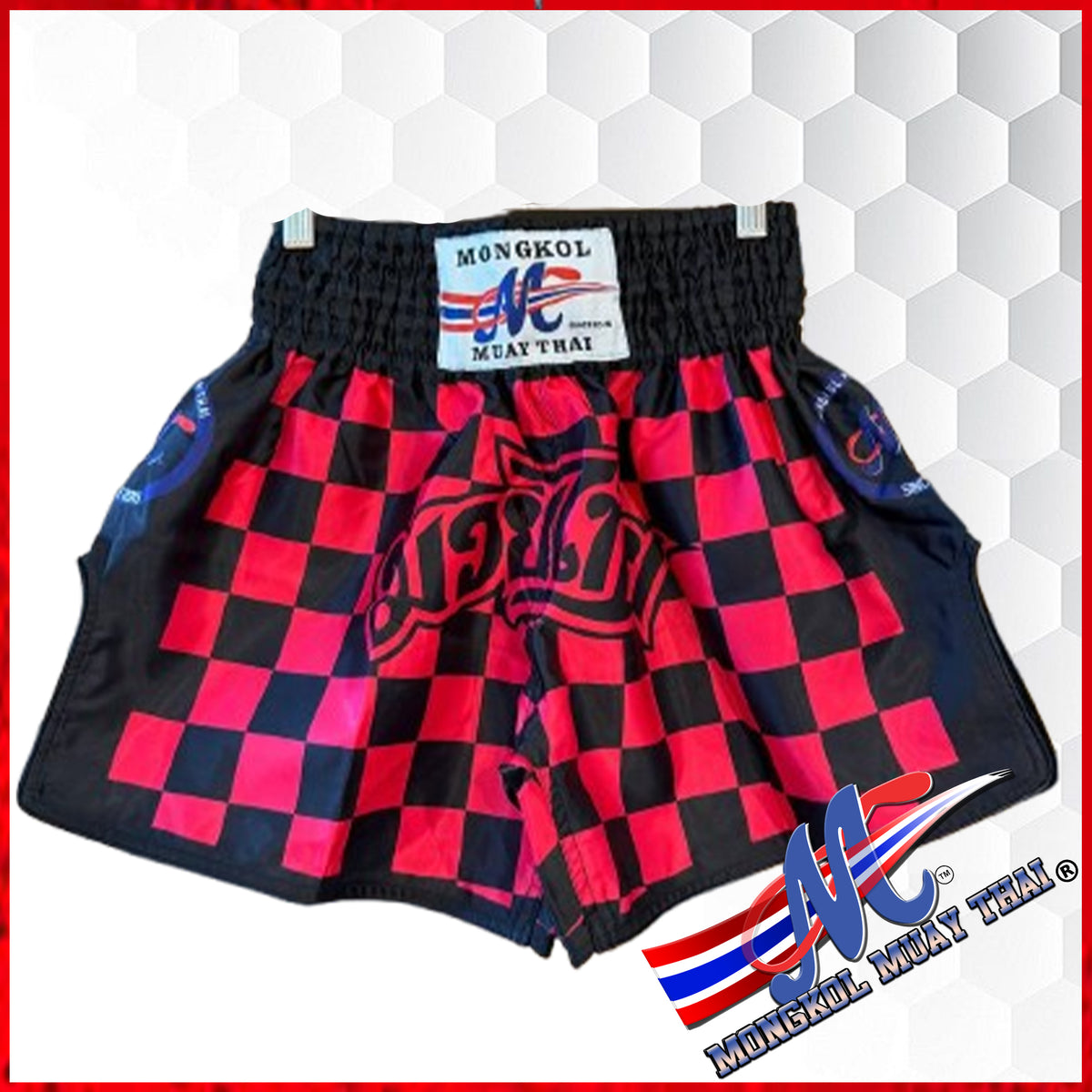 Mongkol MuayThai Shorts Pink/Black Checker Rear Zipper Pocket) NEW