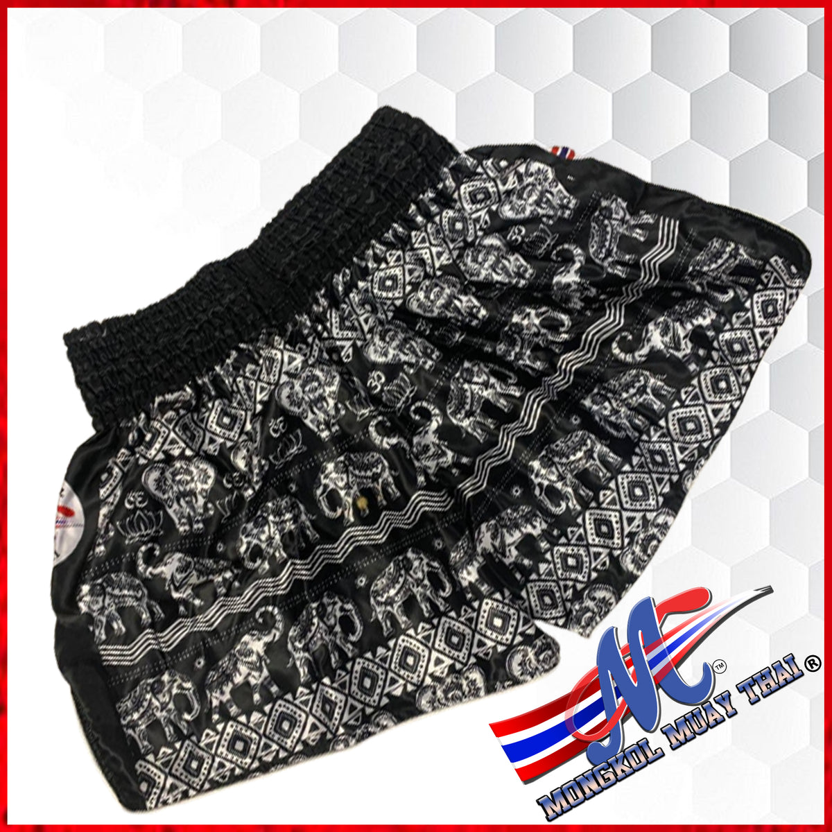 Indian Elephant Black Grey And White Print Pattern Muay Thai Boxing Shorts main image 1