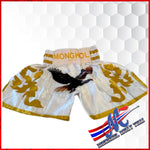 Fly Eagle Flag" Muay Thai Shorts – White &amp; Gold