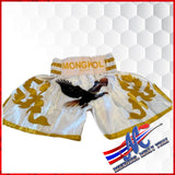 Fly Eagle Flag" Muay Thai Shorts – White &amp; Gold