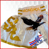 Fly Eagle Flag" Muay Thai Shorts – White &amp; Gold