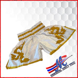 Fly Eagle Flag" Muay Thai Shorts – White &amp; Gold