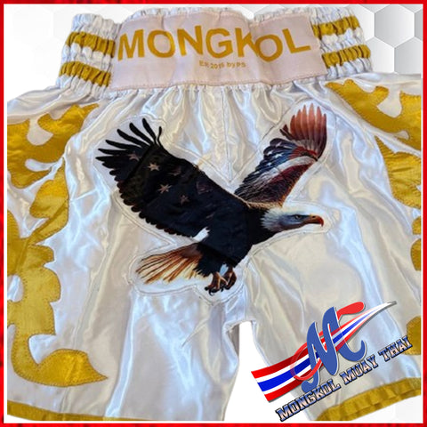 Fly Eagle Flag" Muay Thai Shorts – White &amp; Gold