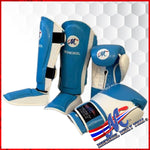 Mongkol Muay Thai Leather Shin Guards – Light Blue &amp; White