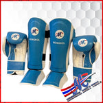Mongkol Muay Thai Leather Shin Guards – Light Blue &amp; White