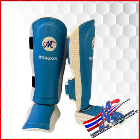 Mongkol Muay Thai Leather Shin Guards – Light Blue &amp; White