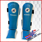 Mongkol Muay Thai Leather Shin Guards – Light Blue &amp; White
