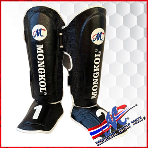 Mongkol Muay Thai Leather Shin Guards – Black “1–2” Edition