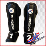 Mongkol Muay Thai Leather Shin Guards – Black “1–2” Edition