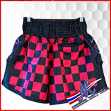 Mongkol Checker Muay Thai Shorts – Pink/Black (V2 w/ Rear Zipper Pocket)