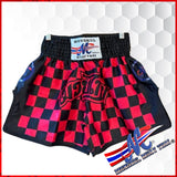 Mongkol Checker Muay Thai Shorts – Pink/Black (V2 w/ Rear Zipper Pocket)