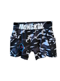 Black and gray camouflage athletic shorts with a white 'MONGKOL' logo on the waistband, 
