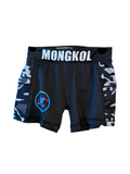 Black athletic shorts with gray camouflage side panels and a large white 'MONGKOL' logo on the waistband, 
