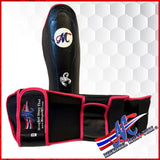 Black Muay Thai Shin Guards with Pink Trim – Real Leather