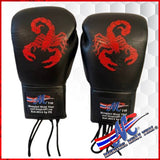 Mongkol Epic Collection Boxing Gloves – Red Scorpion (Black Leather, Lace-Up, 16oz)