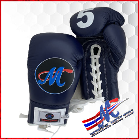 boxing gloves lace up 8oz #5 navy blue white lining